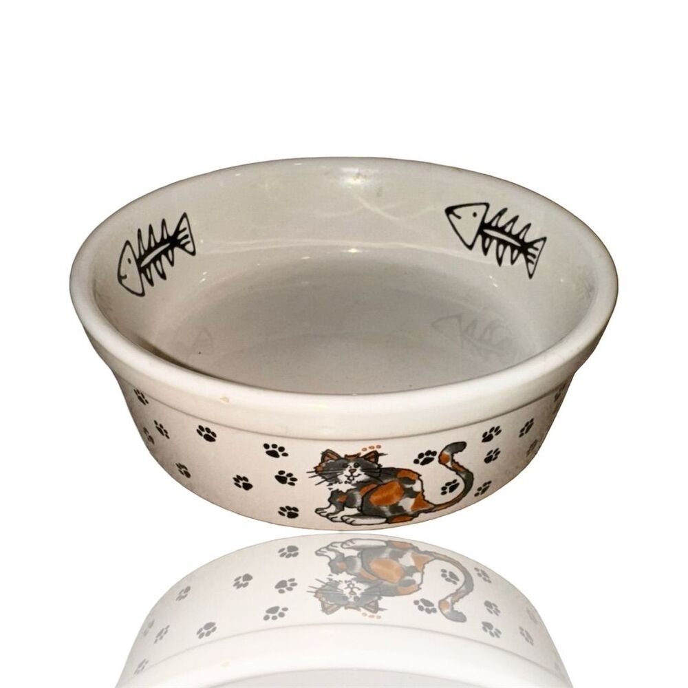 Vintage Ceramic Cat Bowl Fishbone Design Multicolor Dish